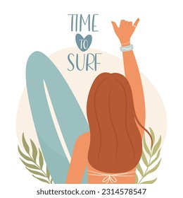 Time to surf. Woman holding surfboard. Vector illustration