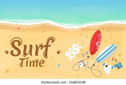 Time for surfing. On the beach are things, a surfboard and accessories. Summer weekend. Top view of the beach. Exotic zone of rest. Vector illustration. EPS 10