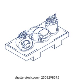 It's time for sushi. Traditional asian food. Set of blue linear rolls with rice, salmon, tuna, tiger prawn, caviar, fish, avocado and seaweed. Set of line art asian food icons 