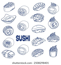 It's time for sushi. Traditional asian food. Set of blue linear rolls with rice, salmon, tuna, tiger prawn, caviar, fish, avocado and seaweed. Set of line art asian food icons 