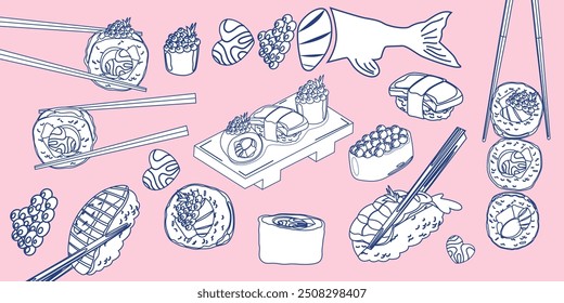 It's time for sushi. Traditional asian food. Set of blue linear rolls with rice, salmon, tuna, tiger prawn, caviar, fish, avocado and seaweed. Set of line art asian food icons 