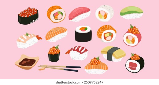 Es hora del sushi. Comida tradicional asiática. Conjunto de rollos de sushi lindo con arroz, salmón, atún, gambas de tigre, caviar, pescado, aguacate y algas. Gran conjunto de iconos de comida asiática sobre un fondo rosa