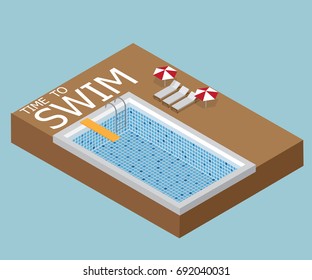 Time To Swim, Swiming Pool Isometric Vector Illustration