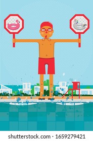 It's time for swimming. A man - swimming pool guard is holding warning signs with flamingo's and unicorn's float