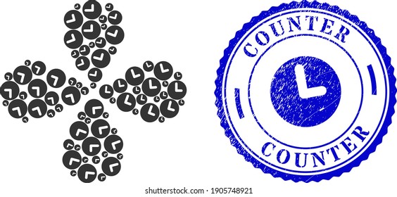 Time swirl bang, and blue round COUNTER corroded stamp print with icon inside. Element flower with 4 petals designed from oriented time symbols. Vector flower collage in flat style.