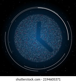 Símbolo de tiempo relleno de puntos blancos. Estilo de puntillismo. Algunos puntos son rojos. Ilustración vectorial sobre fondo azul con estrellas