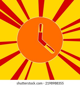 Símbolo de tiempo en un fondo de líneas radiales de explosión de flash rojo. El gran símbolo naranja se encuentra en el centro del sol, simbolizando la salida del sol. Ilustración del vector sobre fondo amarillo