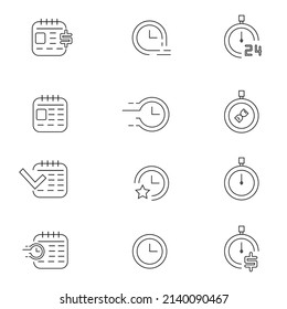 Time symbols. Pack of time icons isolated on white. Editable linear set of circle icons and calendar.
