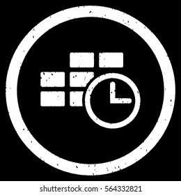 Time Table grainy textured icon inside circle for overlay watermark stamps. Flat symbol with dust texture. Circled dotted vector white ink rubber seal stamp with grunge design on a black background.