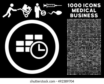 Time Table icon with 1000 medical business white vector design elements. Clipart style is flat symbols, black background.
