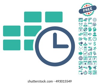Time Table icon with bonus calendar and time management pictogram. Vector illustration style is flat iconic bicolor symbols, cobalt and cyan colors, white background.