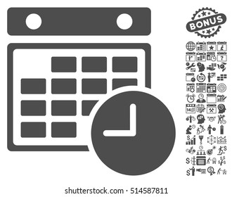 Time Table icon with bonus calendar and time management symbols. Vector illustration style is flat iconic symbols, gray color, white background.
