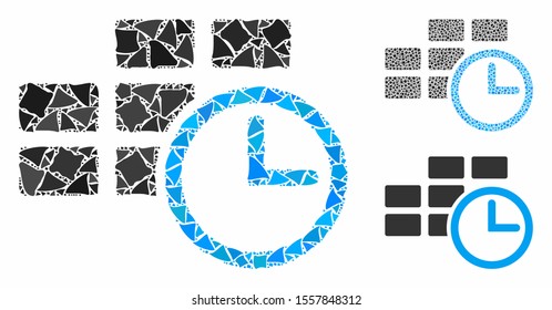 Time table mosaic of uneven pieces in different sizes and color tones, based on time table icon. Vector uneven items are united into collage. Time table icons collage with dotted pattern.