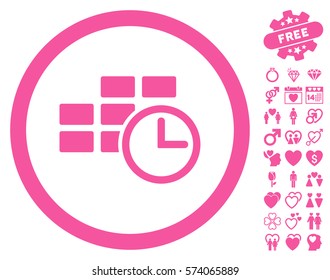 Time Table pictograph with bonus dating icon set. Vector illustration style is flat rounded iconic pink symbols on white background.
