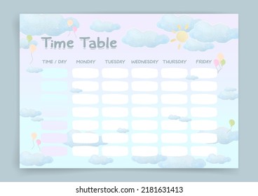 Time table. School time table. Habit tracker. Weekly planner. Habit tracker blank template. Vector illustration. Daily to do. Cute style.