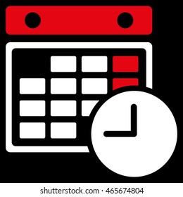 Time Table vector icon. Style is bicolor flat symbol, red and white colors, rounded angles, black background.
