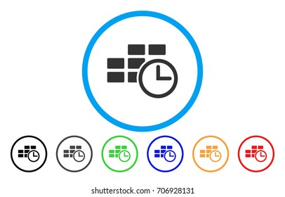 Time Table vector rounded icon. Image style is a flat gray icon symbol inside a blue circle. Bonus color versions are grey, black, blue, green, red, orange.
