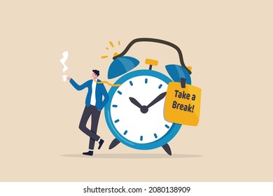 Time to take a break, coffee break time to relax and refresh from long stress interval, free from bored, sleepy and fatigue concept, relax businessman with a cup of coffee or tea with alarm clock.