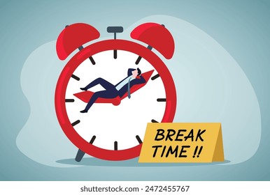 Time to take a break, coffee break time to relax and refresh from long stress interval, free from bored, sleepy and fatigue concept, Man in Suit is Resting on Hands Large Clock Face.