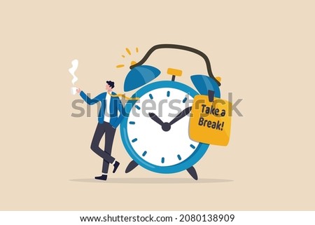 Time to take a break, coffee break time to relax and refresh from long stress interval, free from bored, sleepy and fatigue concept, relax businessman with a cup of coffee or tea with alarm clock.