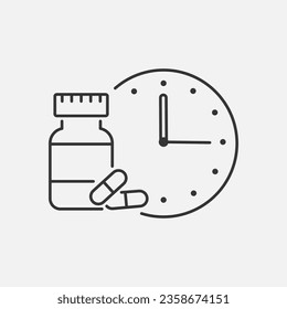 Es hora de tomar una dosis de píldoras. Terapia médica, tratamiento de pastillas por hora. Icono de línea. Vector