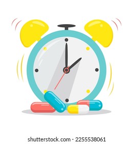 Time to take Medication dose. Alarm clock with Pills. Concept of Medication course. Vector illustration.