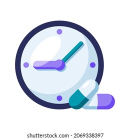 Time to take medication dose, medication course, alarm clock with pills on white background