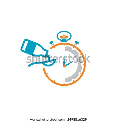 Time to take medication dose, medication course, alarm clock with syrup on white background