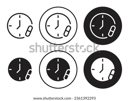 Time to take medicine dose reminder vector icon set in black color.