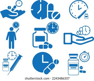 Time taking dose medication icon set, pharmacist icon set black vector