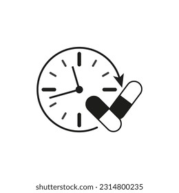 time taking dose medication icon, hour pills treatment, ingestion tablets reminder. Vector illustration. Stock image.