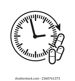 Time taking dose medication icon. Hour pills treatment symbol. Ingestion tablets reminder icon. Vector illustration. EPS 10.