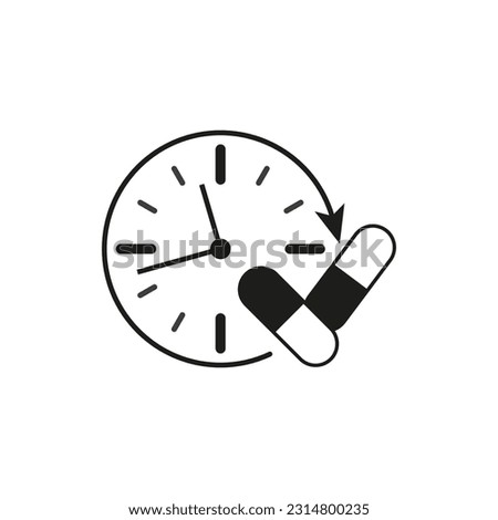 time taking dose medication icon, hour pills treatment, ingestion tablets reminder. Vector illustration. Stock image.