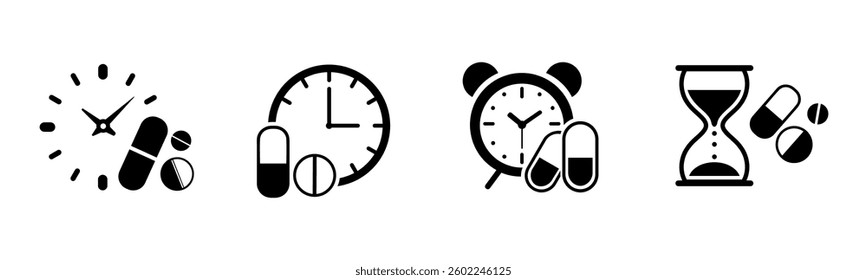 Time taking medication icon set, tablets reminder