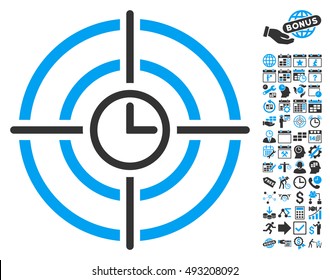 Time Target icon with bonus calendar and time management graphic icons. Vector illustration style is flat iconic bicolor symbols, blue and gray colors, white background.