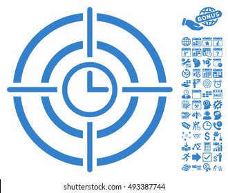 Time Target icon with bonus calendar and time management images. Vector illustration style is flat iconic symbols, cobalt color, white background.