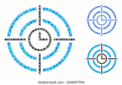 Time target mosaic of small circles in different sizes and color tinges, based on time target icon. Vector small circles are composed into blue collage.