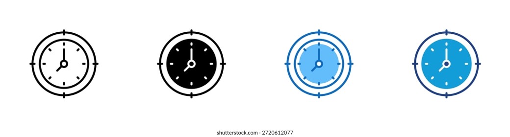 Vector de diseño de íconos de estilo múltiple: reloj con marcas circundantes que se asemejan a un objetivo, simbolizando una sincronización precisa, una configuración de objetivos o una programación dirigida
