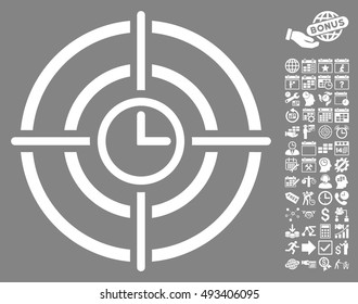 Time Target pictograph with bonus calendar and time management design elements. Vector illustration style is flat iconic symbols, white color, gray background.