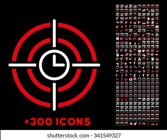 Time Target vector pictogram with additional 300 date and time management icons. Style is bicolor flat symbols, red and white colors, rounded angles, black background.