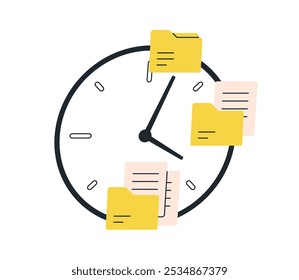 Time and task management concept. Business organization, schedule, work plan, notifications on clock, sticky notes, memo reminders on watch. Flat vector illustration isolated on white background