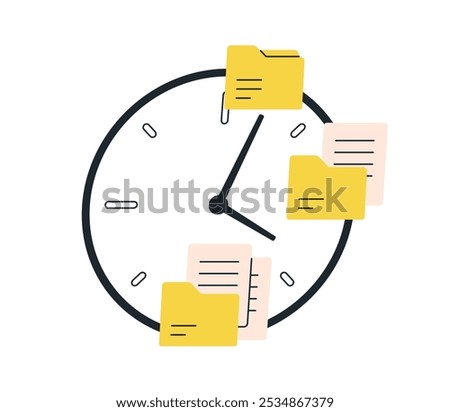 Time and task management concept. Business organization, schedule, work plan, notifications on clock, sticky notes, memo reminders on watch. Flat vector illustration isolated on white background
