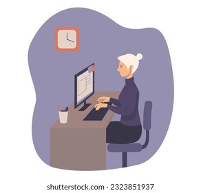 Time and task management. Confident grey haired business woman work on computer at home. Characters workflow during day. Flat style vector illustration isolated on white