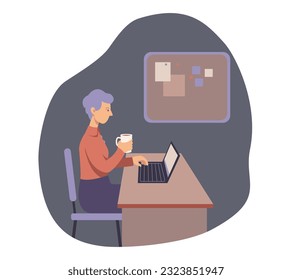 Time and task management. Strict business man working on laptop at home. Characters workflow during day. Flat style vector illustration isolated on white