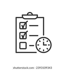Tiempo y tareas, icono lineal. Lista de verificación y reloj. Línea con trazo editable
