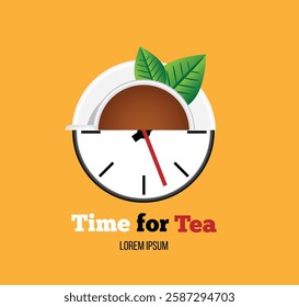 Time for Tea Cup with Clock. Hot drinks and beverages concept vector art