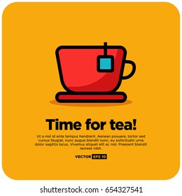 Time For Tea Cup in Flat Line Art Style Design With Text Box Template