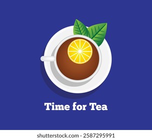 Time for Tea Cup with Green Leaves. Hot drinks and beverages concept vector art