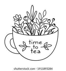 Time to tea. Hand drawn tea cup with a bouquet of herbs, flowers and berries. Outline coloring in cartoon doodle style. Black lines isolated on a white background. Vector print for menu, postcards.