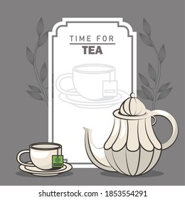 time for tea lettering poster with teapot and cup vector illustration design